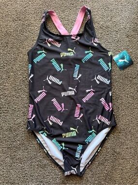 Puma Girls' Black One-Piece Swimsuit with Pastel Logo Print and Pink Straps